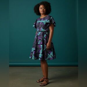 Ankara Wax Print Teal Purple Geo Dress Teal Sz L Flounce Midi Handmade New